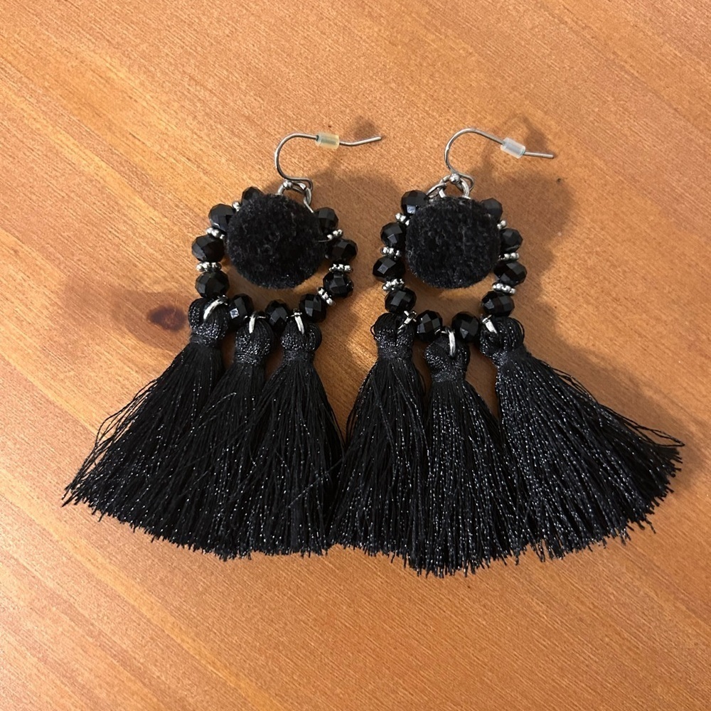 Boho black tassel and Pom Pom statement earrings